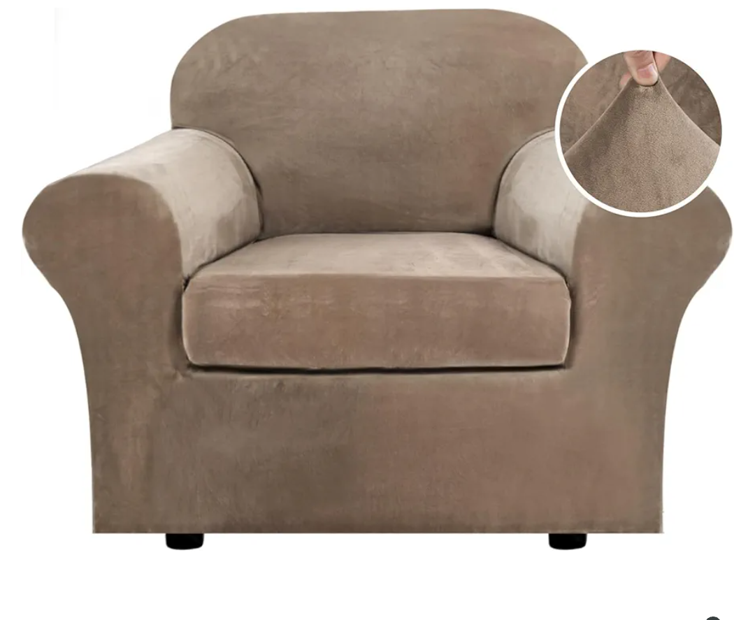 H.VERSAILTEX Rich Velvet Stretch 2 Piece Cover Chair Slipcover Sofa Cover Furniture Protector Couch Soft with Elastic Bottom Chair Couch Cover with Arms Width Up to 49 Inch(Chair,Camel)