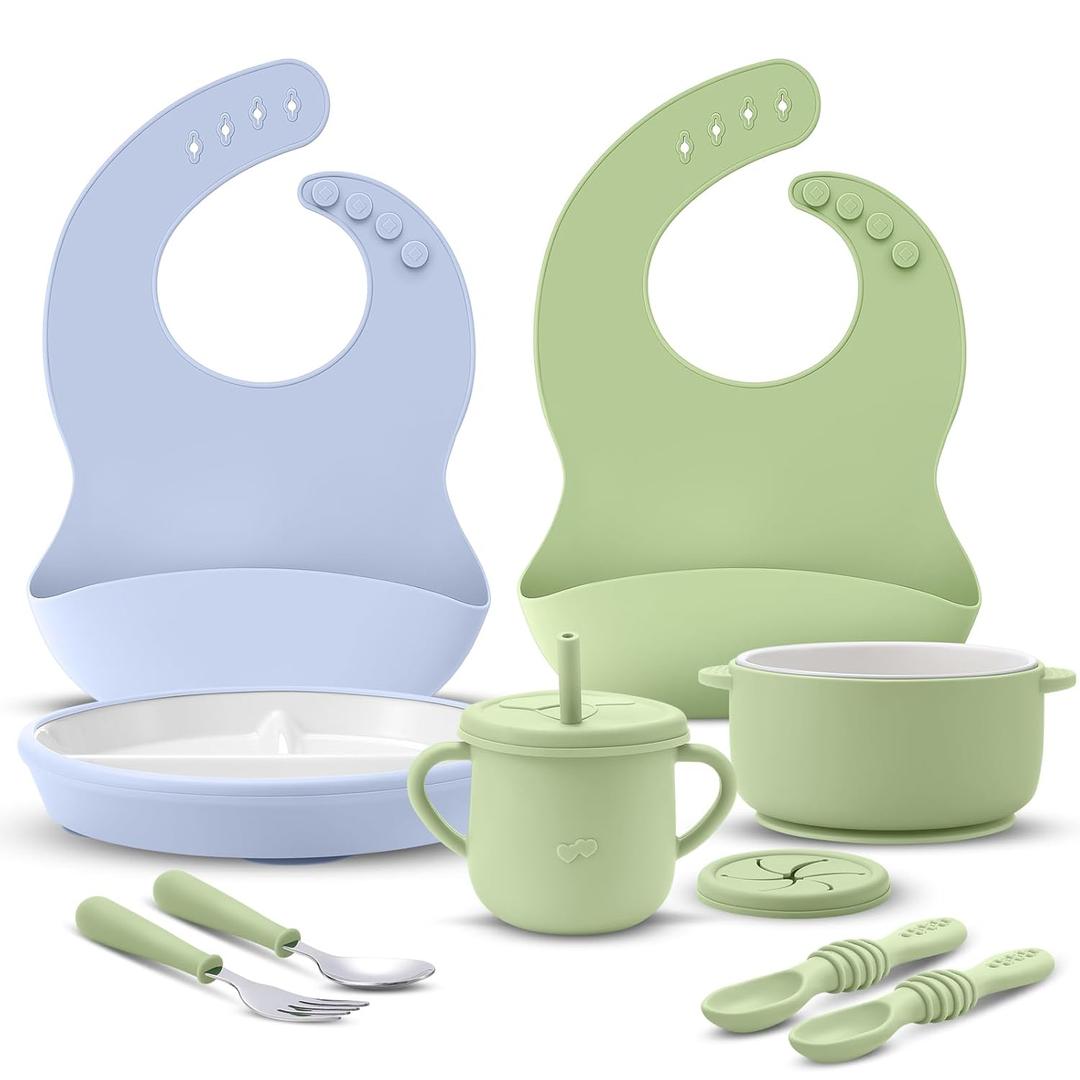 Teenyyou 9 Pcs Porcelain Kids Plates and Bowls Feeding Set with Suction, Ceramic Baby Toddler Divided Plates Silicone Sleeve Bowls Forks Spoons Cup Bib Microwave Dishwasher Safe(Sweets)