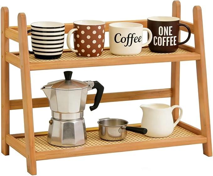 Household 2-Tier Cup Shelf Organizer, Kitchen Counter Shelf for Tea Coffee Bar Accessories, Bamboo Mug Holder Countertop, Matcha Stand, Cup Display, Condiment Storage Rack - Natural