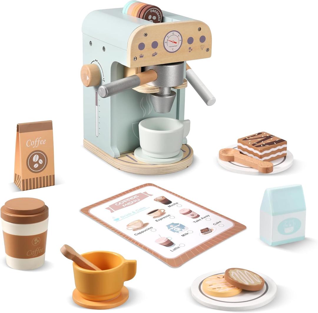 Kids Wooden Coffee Maker Toy, Wooden Play Kitchen Appliances & Accessories Toy for Kids Toddlers, Gift for Girls Boys