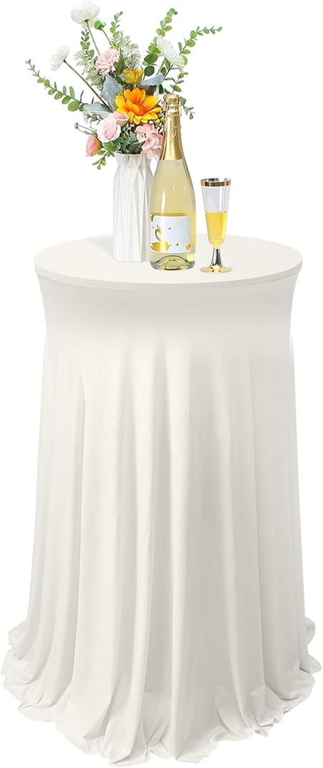 Tegeme 1 Pack 32 x 43 Inch Round Spandex Cocktail Tablecloths with Skirt Cocktail Round Table Cover Spandex Stretch Tablecloth for Fitted High Top Table Bar Wedding Party Banquet (Ivory)