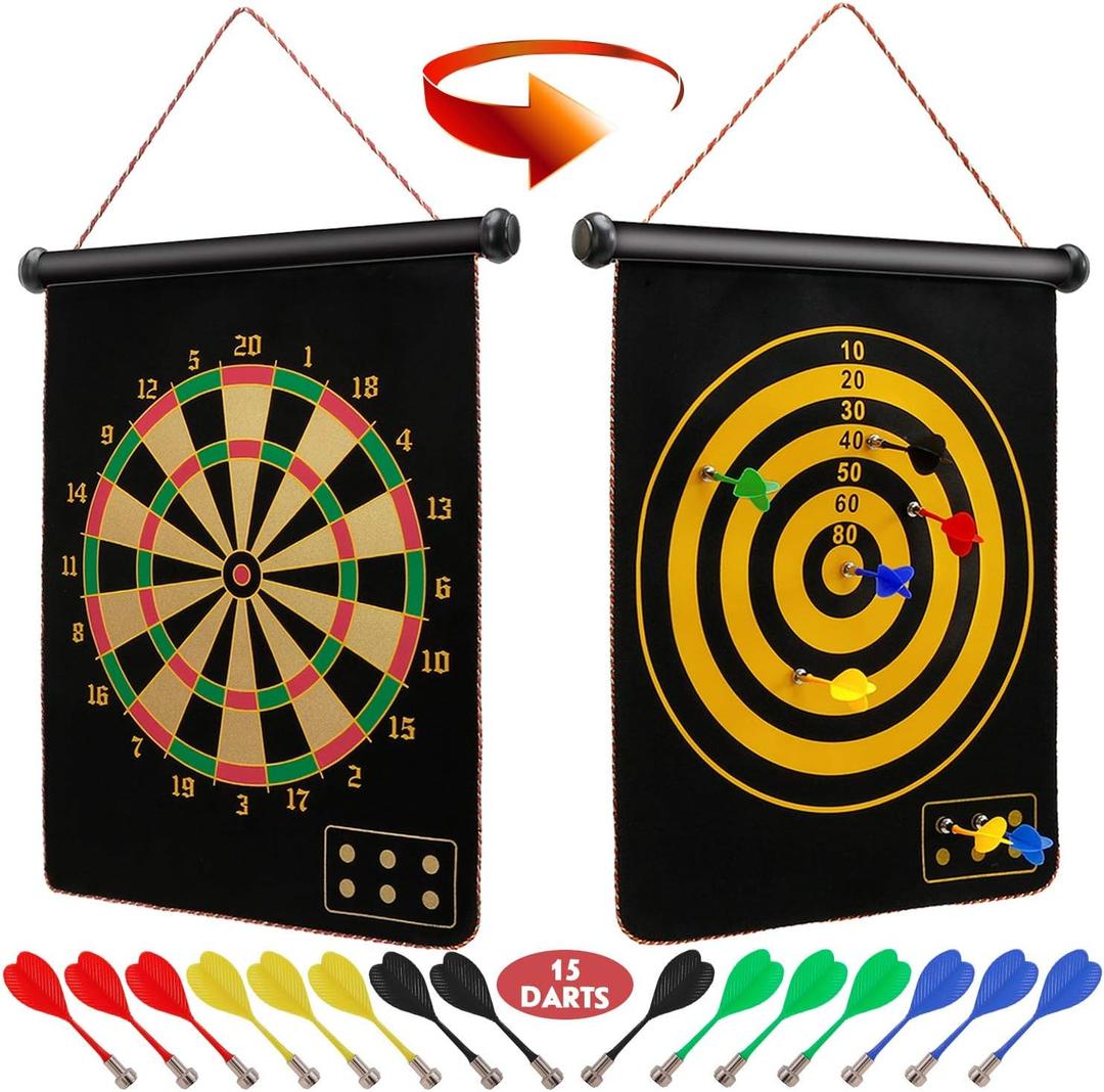 Ranslen Magnetic Dart Board for Kids and Adults, Double Sided Board Games with 15pcs Magnetic Darts, Boy Gifts Dartboard Toys Gift for Age 6 7 8 9 10 11 12 Year Old Boys