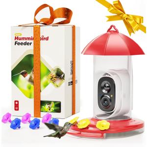 LongPlus Hummingbird Feeder with Camera, Smart BirdCamera, Bird Feeders with Ant Moat, Bee Proof, Bird Watching Camera with 3 Feeding Ports,Instant Notification, Ideal Gift for Mom