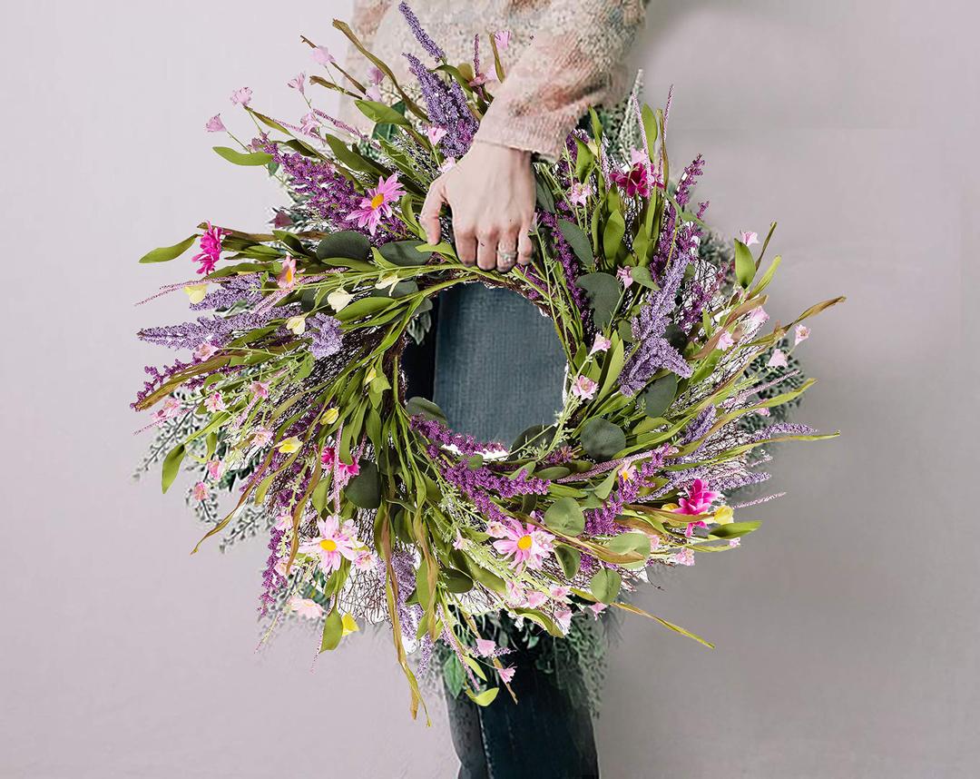 Spring Summer Wild Flower Artificial Daisy Front Door Wreath,