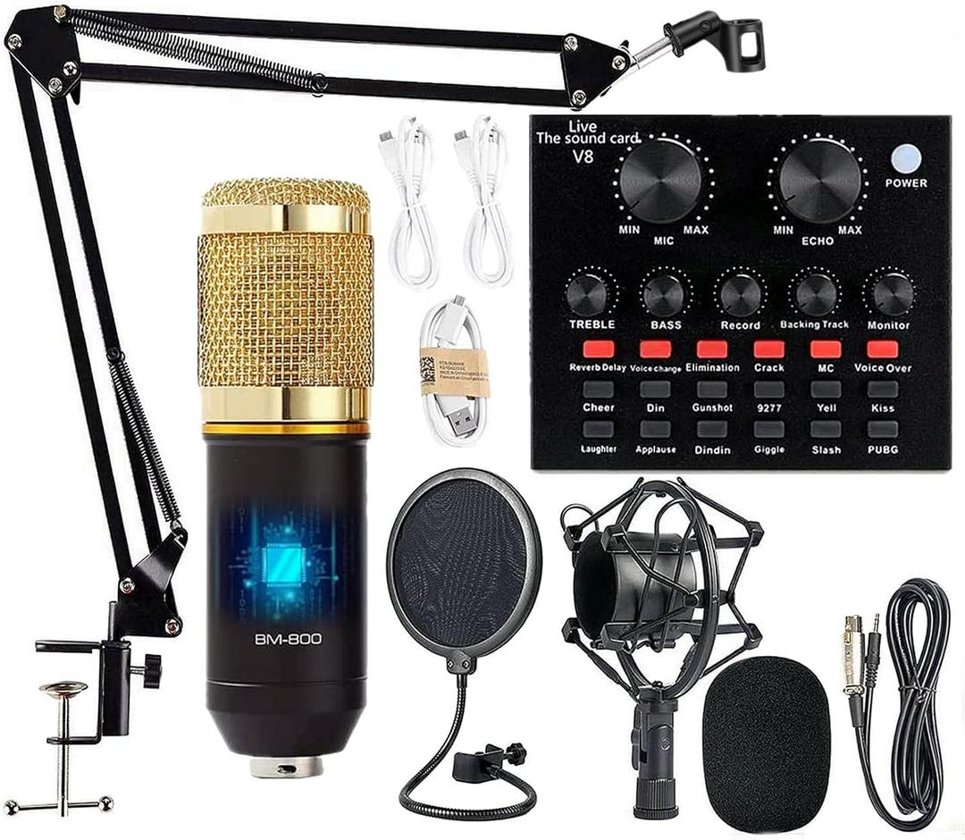 Podcast Equipment Bundle, with BM800 Podcast Microphone and V8 Sound Card, Voice Changer - Audio Interface -Perfect for Recording, Singing, Streaming and Gaming (V8-Black)