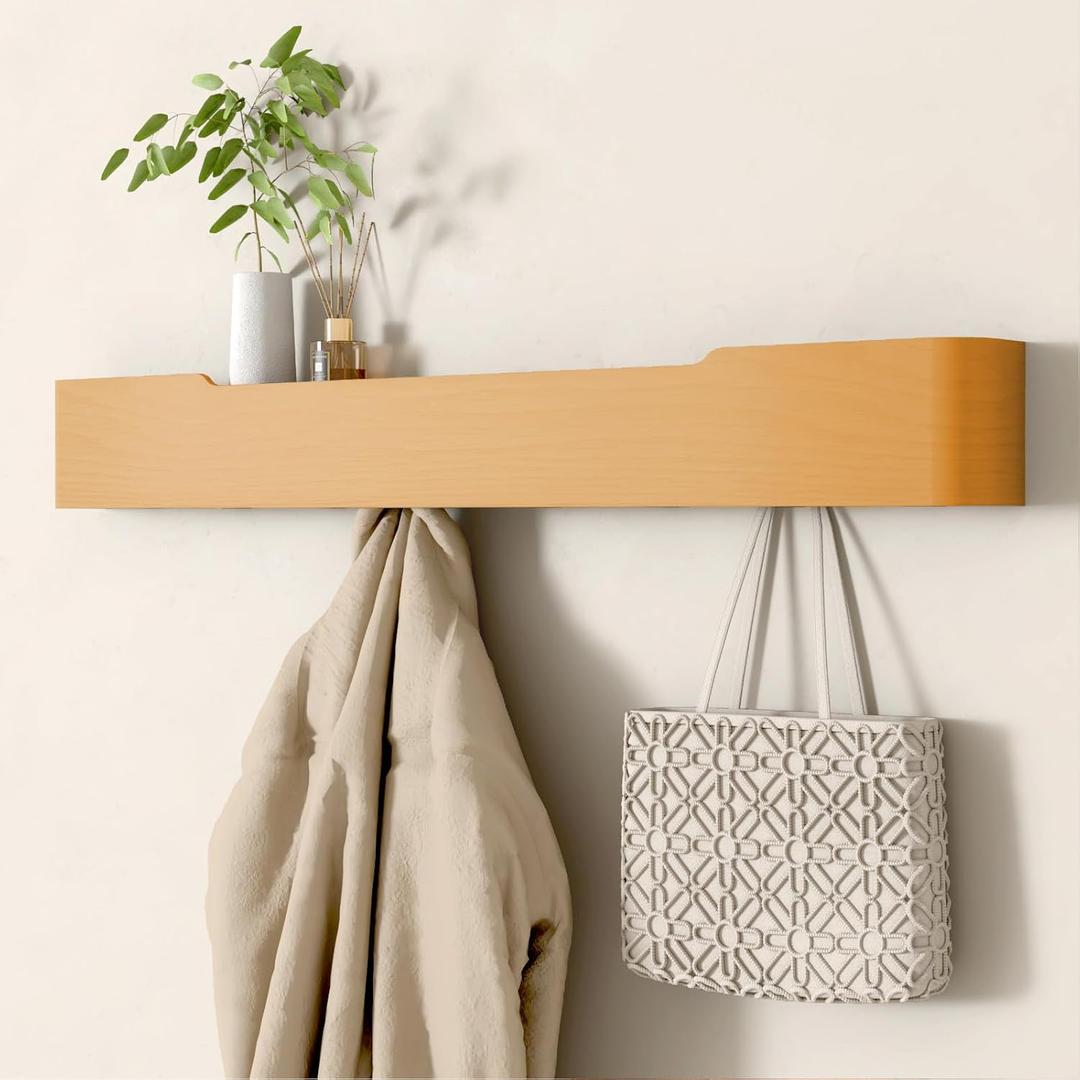 Wall Mounted Coat Rack with Shelf, Wooden Entryway Organizer with Hidden Metal Hooks for Hanging Coats Bags Keys, Modern Floating Shelf for Hallway Bathroom