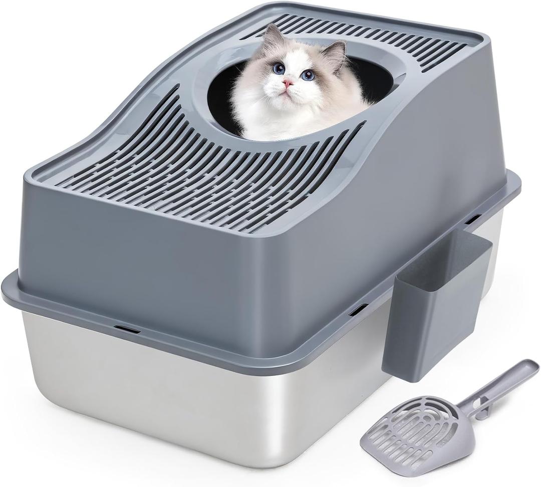 Top Entry Cat Litter Box with Lid, Stainless Steel Enclosed Cat Kitty Litterbox, Top Loading Large Metal High Side Litter Pan Tray Box Enclosure Easy Cleaning Anti-Leakage