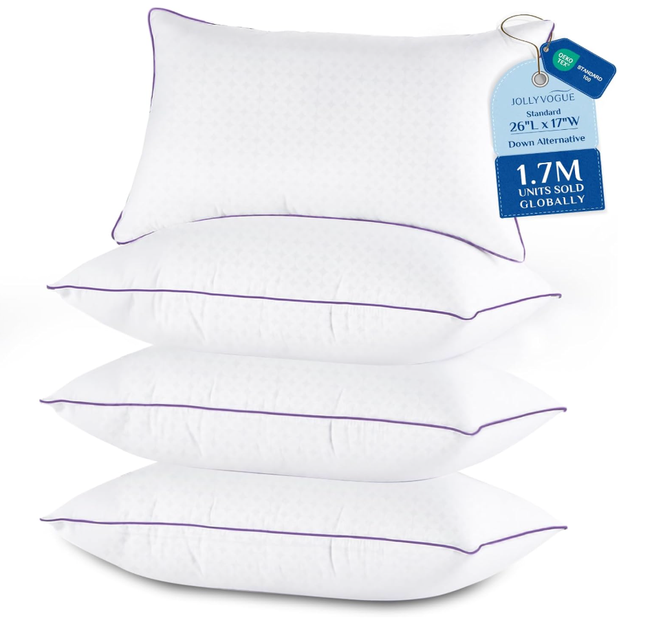 JOLLYVOGUE Pillows Standard Size Set of 4, Washable Supportive Full Size Bed Pillows with Super Soft Down Alternative Fill, Luxury Fluffy Hotel Quality for Side, Back and Stomach Sleepers