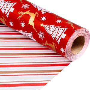 Homeral Christmas Wrapping Paper Roll - 46.8 Sq.Ft. (17In x 33Ft) Reversible Red with Gold Printed Reindeer, Tree, Snowflake, Stripe, Hexagram Star for Christmas, New Year Celebration, Party