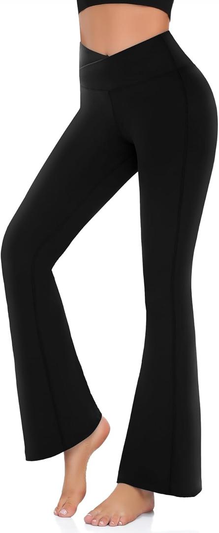 Hi Clasmix Flare Leggings for Women - High Waist Crossover Yoga Pants Tummy Control Bootcut Bell Bottom Jazz Lounge Leggings (Medium, 1-black)
