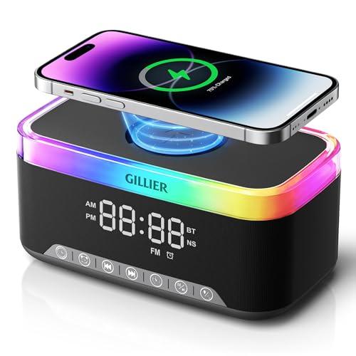GILLIER Wireless Charging Alarm Clock Radio for Bedrooms – 15W Fast Wireless Charger Station for iPhone Samsung, Bluetooth Stereo Speaker with FM Radio, Dimmable Display, USB Port, Sleep Timer, Black