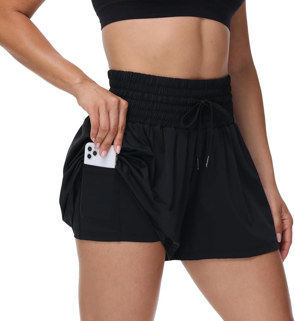 Flowy Athletic Shorts for Women Workout Running Gym Yoga Sport Short Pants Sweat Tennis Skirt Skort High Waisted with Pockets Biker Spandex Cute Comfy Lounge Trendy Clothes Casual Summer Black L