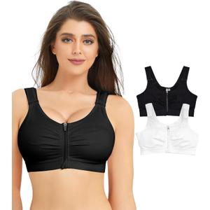 BRABIC Zip Front Closure Everyday Bra for Women Post Surgery Compression Support with Adjustable Straps Wirefree (X-Large, Black+white 2Pack )