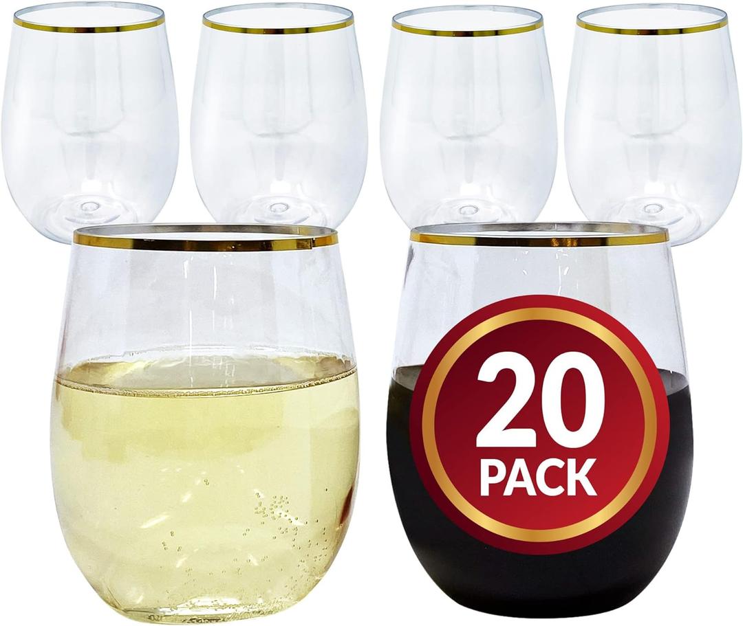 Reli. 12oz. Disposable Wine Glasses Gold-Rim (20 Pack) Stemless Crystal Clear | Reusable & Recyclable BPA-Free Food-Grade Plastic | Shatterproof Party Cups for Juices, Cocktails, Whiskey Any Occasion