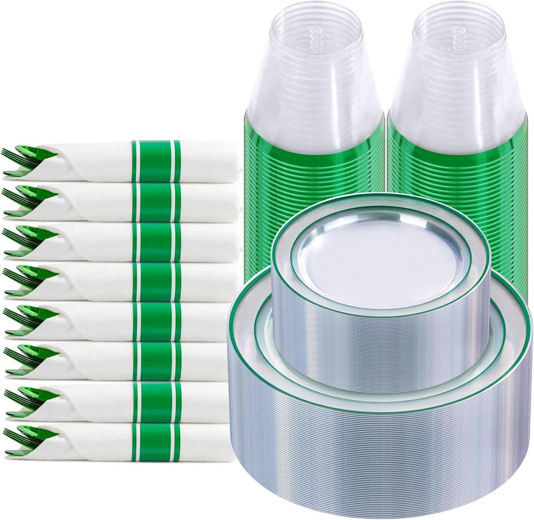 I00000 210 Pcs Green Plastic Dinnerware Set for 30 Guests Include: 30 Dinner Clear Green Plastic Plates, 30 Dessert Party Plates, 30 Pre Rolled Napkins with Cutlery Set, 30 Cups for Party