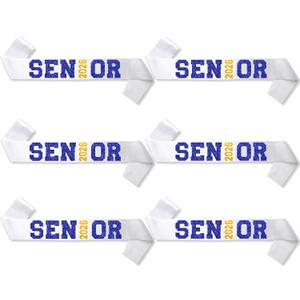 6Pcs White Senior 2026 Satin Sashes with Blue Gold Glitter Letters Senior 2026 Decorations- 2026 Graduation Celebrations Sashes - Senior Cheer Sash - Cheerleader Sash - Class Competition Sashes
