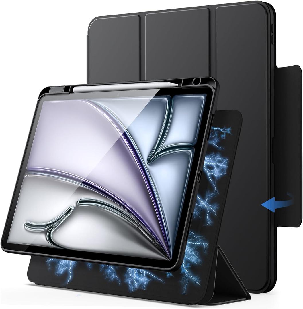 JETech Magnetic Detachable Case for iPad Air 13-Inch M4/M3/M2 (2026/2025/2024) with Pencil Holder, Removable Rotating Clear Cover, Portrait/Landscape Stand with Raised Screen View (Black)