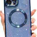 MGQILING Compatible with iPhone 12 Pro Max Magnetic Glitter Case, Luxury Plating Cute Bling Clear Phone Case, Compatible with MagSafe for Women Girls with Camera Protector Back Cover - Blue