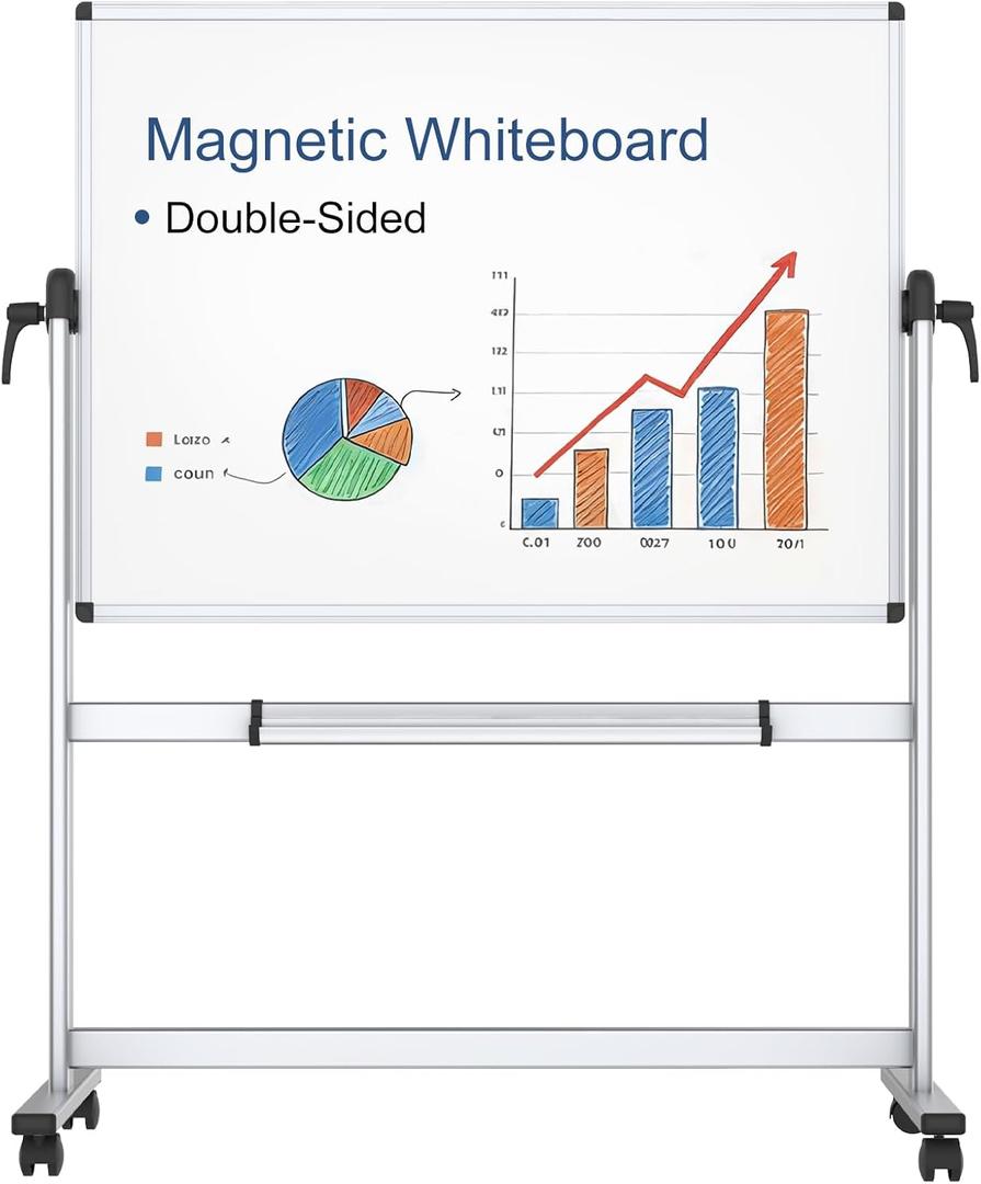 VIZ-PRO Double-Sided Magnetic Mobile Whiteboard, 48 x 36 Inches, Aluminium Frame and Stand