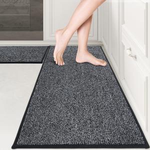 PURRUGS Machine Washable Kitchen Rug Set [2 PCS] (17" x 30"+ 17" x 48"), Non-Slip/Skid Kitchen Runner Rugs & Floor Mats, Super Absorbent Soft Area Rugs for Sink, Kitchen & Laundry, Charcoal