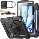 SEYMAC stock Case for iPad Air 11-inch M4-M2 2026-2024 (Gen 8-6), Shockproof Heavy Duty Case with Screen Protector, Pencil Holder, Rotating Stand, Hand Strap, Shoulder Strap, Black