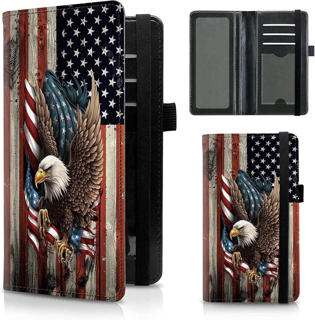 FUYOCWE Leather Checkbook Cover for Men Women Check book Holder Cover Wallets for Personal Checkbook Checks with RFID Blocking & Elastic Strap-Bald Eagle with Flag