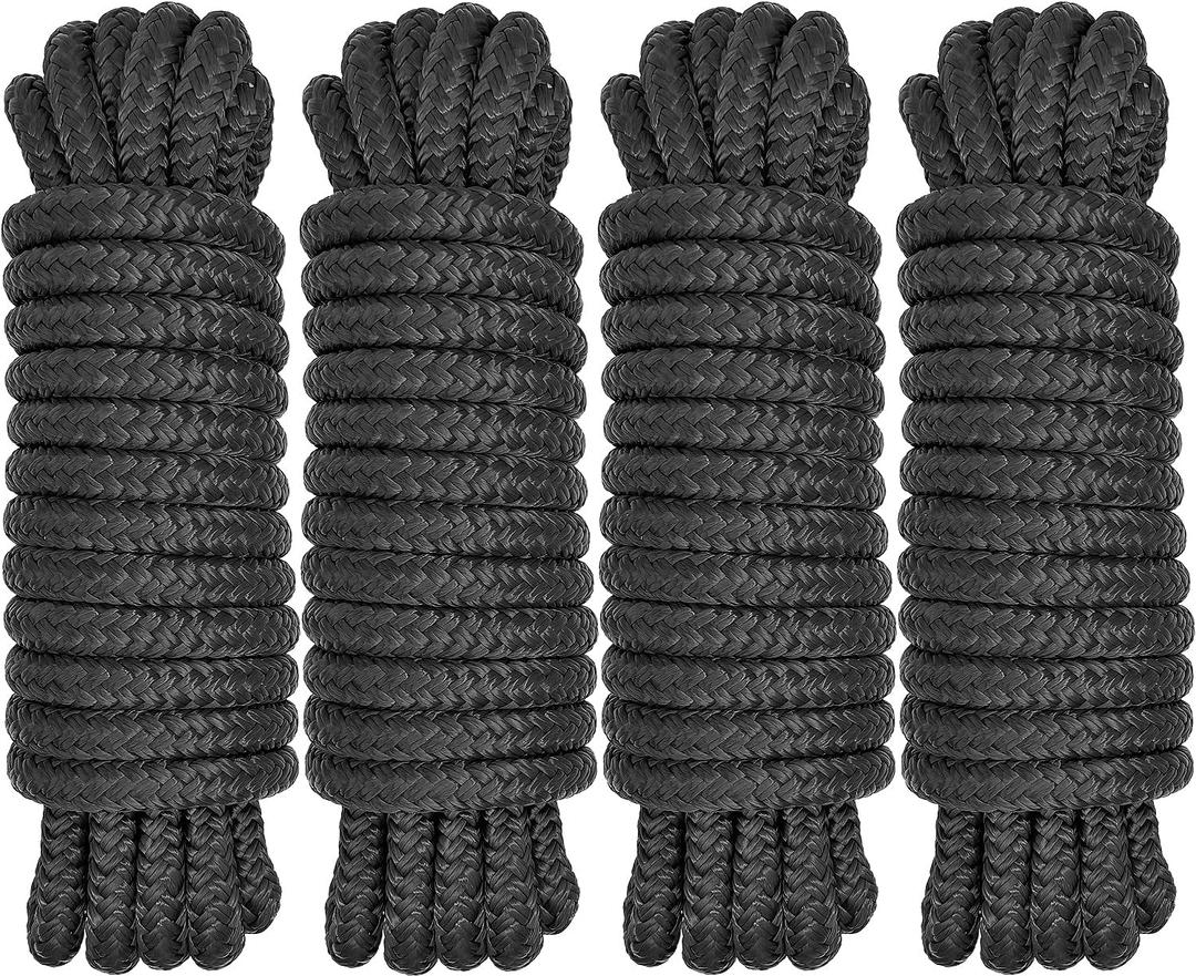 Boat Dock Lines 1/2" x 15' - Double Braided Nylon Boat Ropes for Docking with 12" Loop, Marine-Grade High Strength Boat Lines Dock Rope, Premium Marine Rope Mooring Lines, Easy Handling - 4 Pack,Black