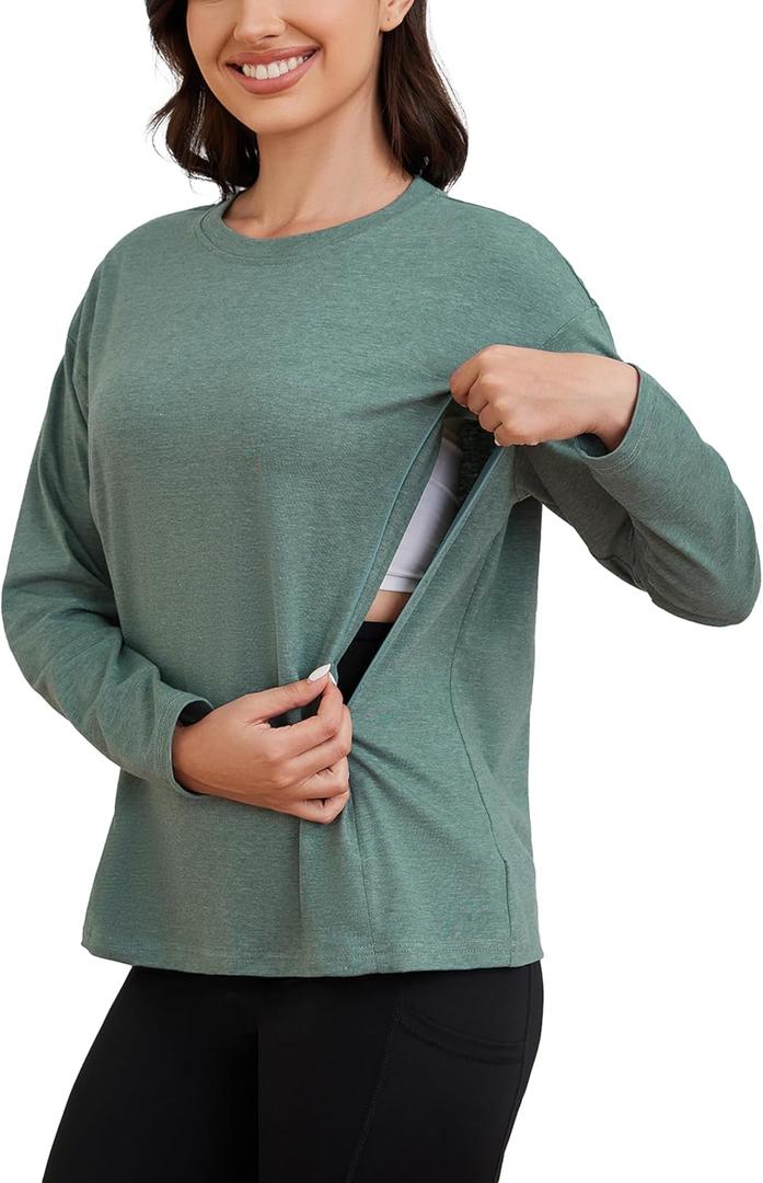 Ecavus Womens Zip Maternity Nursing Tops for Breastfeeding Long Sleeves Casual Nursing Shirts Pregnancy Mama Clothes (Medium, Heather Green)