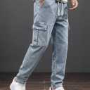 JMIERR Men's Elastic Waist Cargo Jeans Stretch Denim Pants with Drawstring Relaxed Fit for Casual Daily Wear (Blue) 40