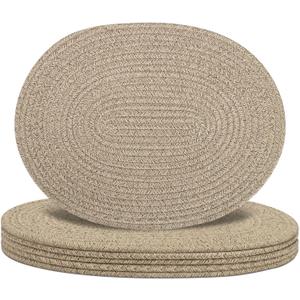 Oval Woven Placemats Set of 6, Boho Cotton Rope Braided Table Mats, 17x13 Inches Non Slip Heat Resistant Place Mats for Dining Room, Thick Hot Pads for Farmhouse Kitchen Table Decor. (Brown)