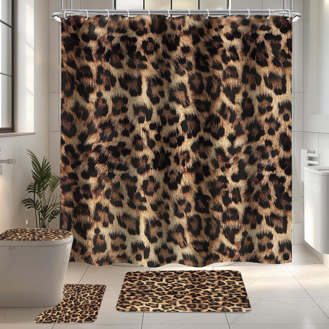LIGHTINHOME 4 PCS Leopard Print Shower Curtain Set 72Wx72H,Toilet Lid Cover,Non-Slip Rugs and U-Shaped Mat,Wild Safari Cheetah Bathroom Sets with Rugs Shower Accessories 12 Hooks for Bathroom Decor (Black Brown)