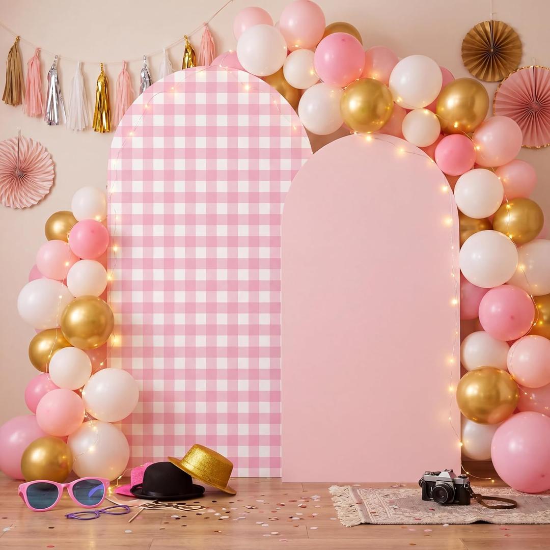 Tegeme Pink Gingham Arch Backdrop Cover 7.2ft 6.6ft Stretchy Backdrop Cover for Baby Shower Party Wedding Birthday Party Ceremony Banquet Decor