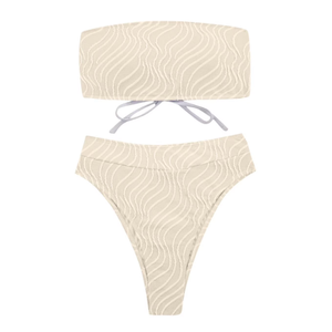 UTSJKR Savings Women's Bandeau Bikini Sets Two Piece Swimsuit Strapless High Cut Bandeau Bikini Lace Up Bathing Suit Ribbed Bikini Set Beige, S