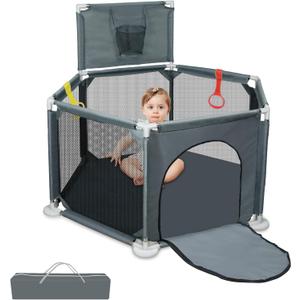 Baby Playpen, 50x50 Inch Playpen for Babies and Toddlers, Small Baby Play Yard, Indoor Outdoor Safety Activity Center Play Pen with Breathable Mesh and Basketball Hoop, Grey