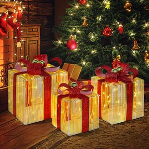DomKom Set of 3 Christmas Lighted Gift Boxes, 140 LED Lights Nesting Present Boxes, Metal Frame Gift Box with Golden Ball Ornament, for Xmas Tree Indoor Outdoor Holiday Decorations, Sx box