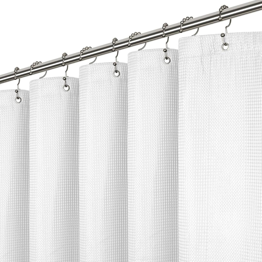 LiBa Waffle Weave Fabric White Shower Curtain, 72 W x 72 H Water Repellent & Heavyweight, Hotel Quality & Cloth Linen Shower Curtains Set and for Bathroom