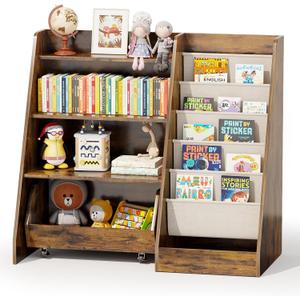 COZPAW Kids Bookshelf and Toy Storage, 4 Tier Toddler Bookshelf with Movable Drawer (Brown) (Medium)