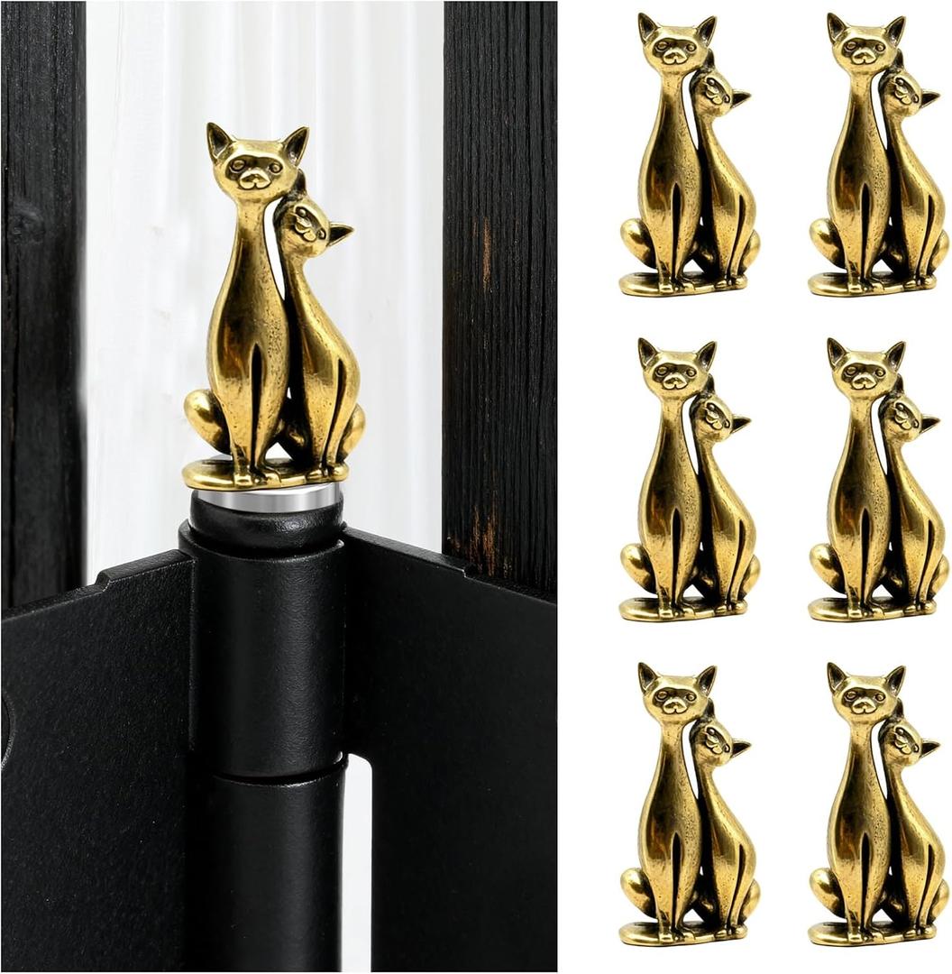 6 Packs Magnetic Door Hinge Toppers, Vintage Brass Hinge Head Decorative Topper, Finish Decor for Door, Drawer, Cabinet Hardware, Table, Shelf, Car (Couple Cats)