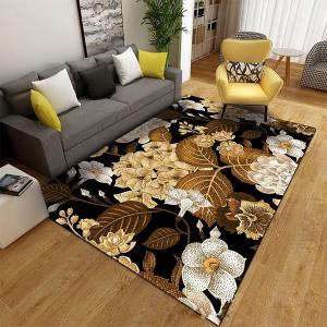 Black Golden Floral Leaves Print Area Rug for Living Room Blooming Flowers Rugs Non-Slip Rectangular Mat Home Office Carpets,5'x8' (D01)