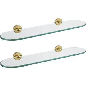 JQK Bathroom Glass Shelf, Floating Tempered Glass Shower Storage 20 by 5 inches, 304 Stainless Steel Brushed Gold Wall Mount 2 Pack 2 Pack, TGS121L20-BG-P2