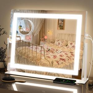 FENNIO Vanity Mirror with Lights 22''x18'' Makeup Mirror with Lights,Lighted Makeup Mirror with 10X Magnification and USBSmart Touch Screen with 3-Color Lighting,DimmableSquare White