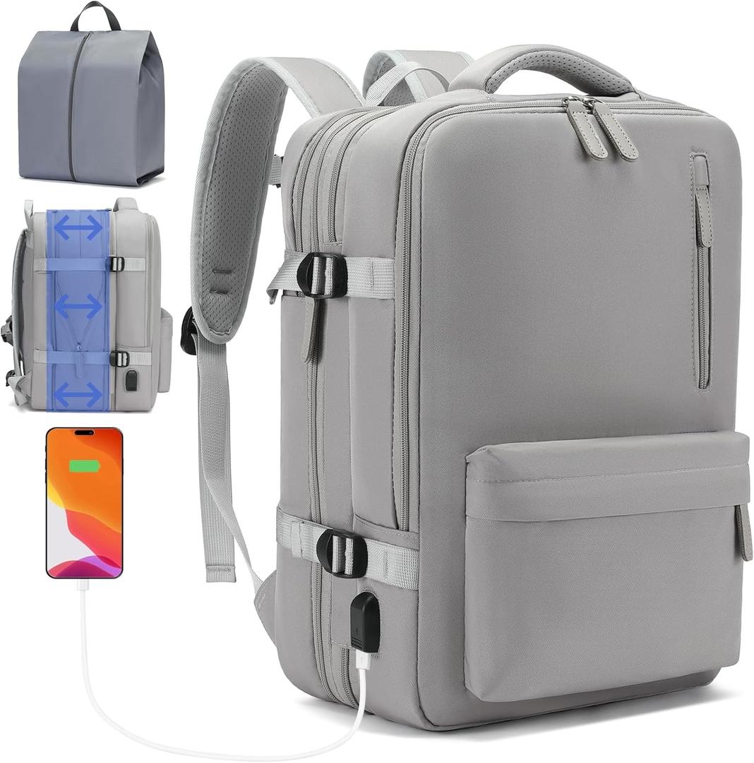 Jaxin 2PCS Carry-On Backpack with Shoe Bag 180 Open, Expandable,40L,Fits 16 Laptop, USB Charging Port, Water-Resistant Travel Set for Work, School, or Air Travel (Grey)