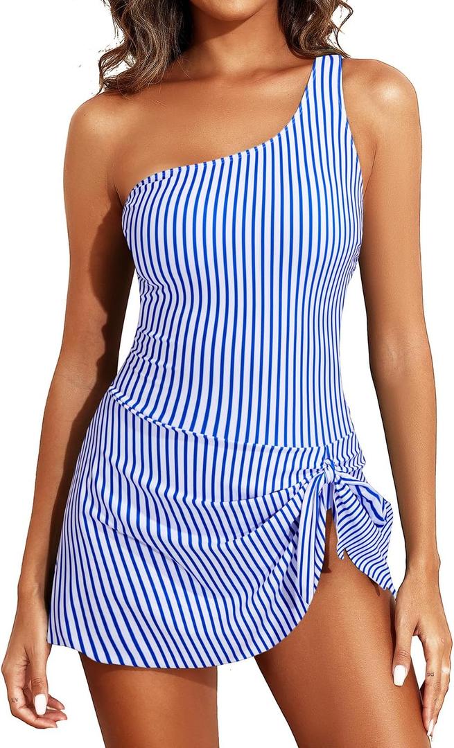 Tempt Me Women Blue Striped One Piece Swim Dress One Shoulder Swimsuit with Skirt Tummy Control Swimdress Bathing Suit, M