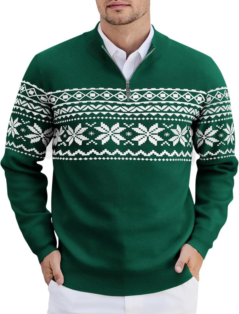 COOFANDY Mens Quarter Zip Pullover Slim Fit Lightweight Knit Pullover Sweaters Casual Polo Sweater (Small, Christmas Green & White)