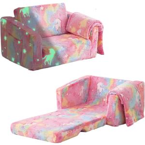 Toddler Couch Fold Out, Foldable Toddler Chair with Blanket, Flip Out Kids Couch,Glow in The Dark Convertible Sofa Gift for Girls & Boys (Glow Pink)