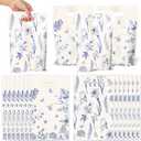 Blue and White Floral Bird Party Favor Bags - 50Pcs Plastic Sketch Birds Flowers Candy Treat Snack Gift Sacks with Handles Snack Goodie Bags for Wedding Birthday Party Supplies Decor