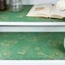 Shelf Liner for Kitchen Cabinets Drawer Liner Non-Adhesive Non-Slip Thickened Shelf Liner Paper Easy to Clean with Green Background Gold Floral Line Pattern for Tool Box Refrigerator.17.3×236.2 inches