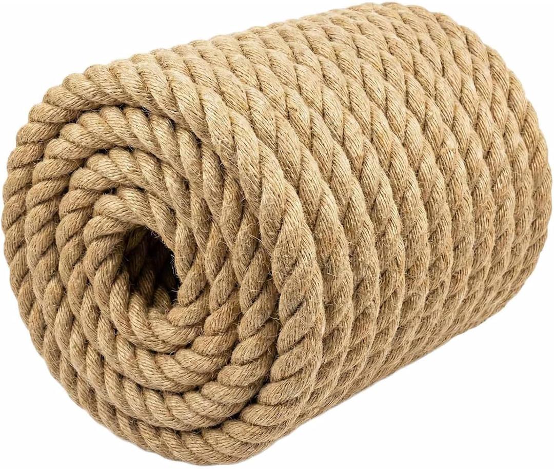 Natural Jute Rope (3/4 Inch x 100 Feet) Thick Hemp Rope Twisted Manila for DIY Crafts, Deck Railings, Hanging Swing, Nautical Decorating