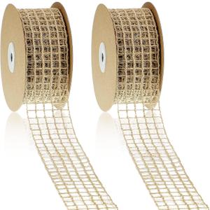 2 Rolls Mesh Burlap Wired Ribbon Open Weave Burlap Net Ribbon Fabric DIY Craft for Wrapping Bow Wreath Party DIY Crafts Home Decor(20 Yards x 2 Inch,5 Square Grids)