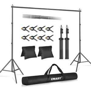 EMART Backdrop Stand 10x8.5ft(WxH) Photo Studio Adjustable Background Stand Support Kit with 2 Crossbars, 8 Backdrop Clamps, 2 Sandbags and Carrying Bag for Parties Events Decoration (Black)
